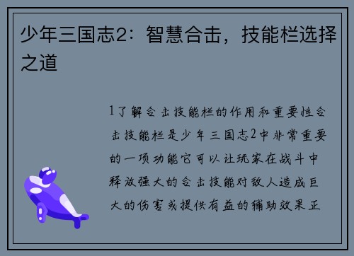 少年三国志2:智慧合击,技能栏选择之道